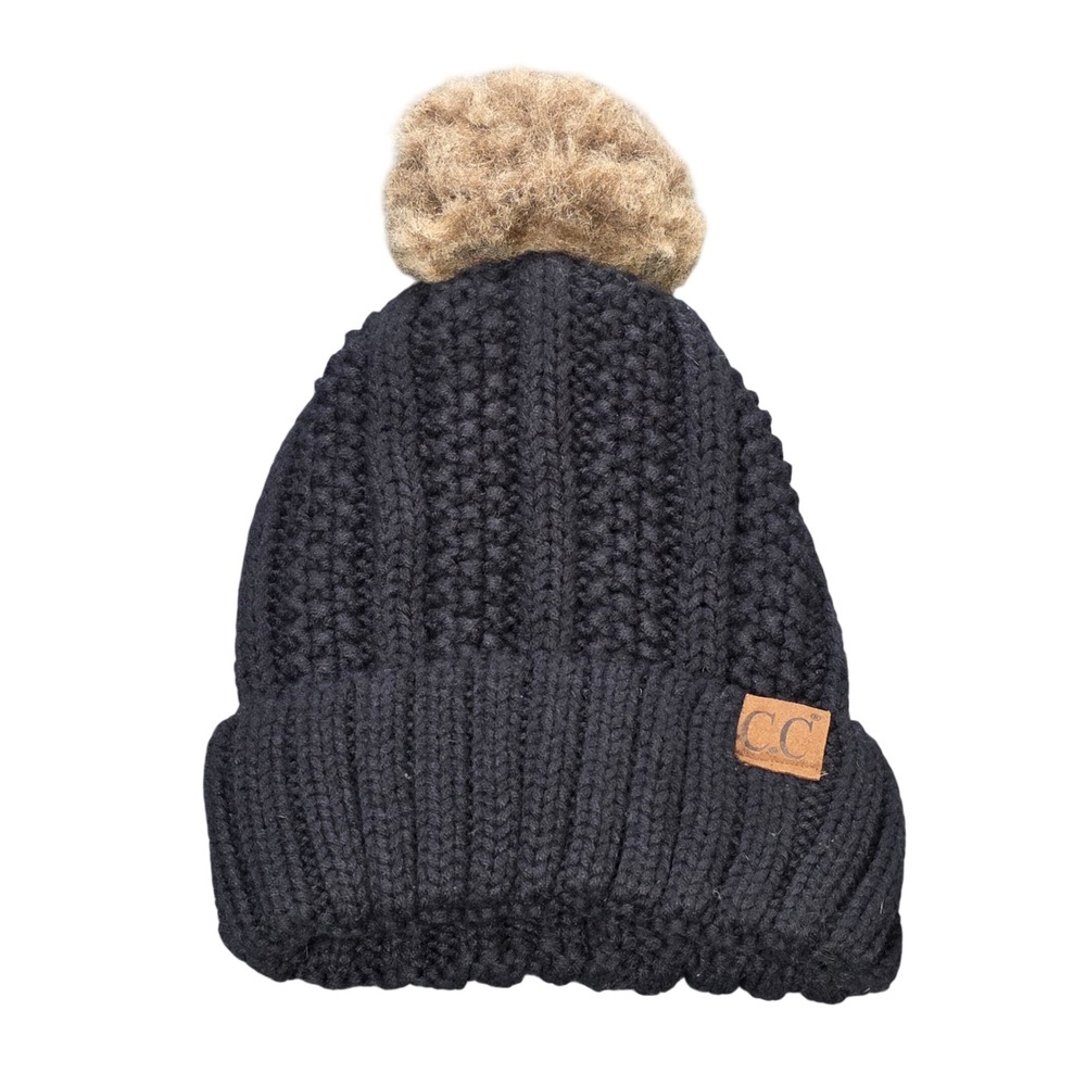C.C Exclusives Cable Knit Beanie Women's Black Faux Fur Pom Lined Winter Hat